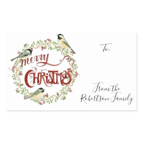 Watercolor Chickadee Birds Merry Christmas Wreath Rectangular Sticker