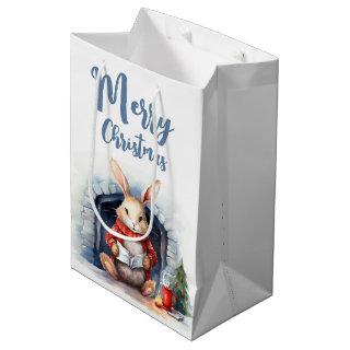 Watercolor Christmas Bunny By Fireplace Medium Gift Bag