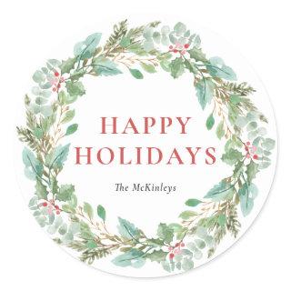 Watercolor Christmas Foliage & Holly Wreath Classic Round Sticker