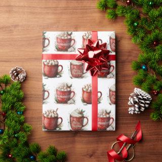 Watercolor Christmas Hot Cocoa In Red Mugs