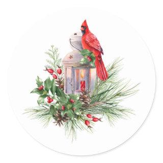 Watercolor Christmas Red Cardinal and Berries  Classic Round Sticker