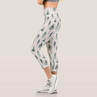 Watercolor Christmas Trees Holiday Pattern Capri Leggings
