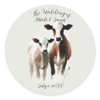 Watercolor Cows Minimal Rustic Wedding Classic Round Sticker