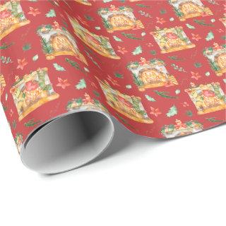 Watercolor Cozy Christmas Fireplace Red Pattern