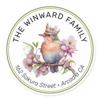 Watercolor Crowned Spring Bird Address Classic Round Sticker