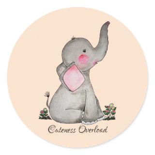 Watercolor Cute Baby Elephant With Blush & Flowers Classic Round Sticker