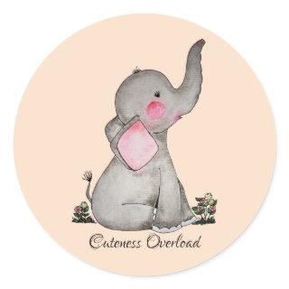 Watercolor Cute Baby Elephant With Blush & Flowers Classic Round Sticker