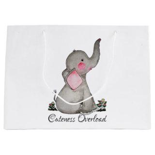 Watercolor Cute Baby Elephant With Blush & Flowers Large Gift Bag