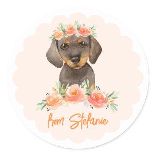Watercolor Dachshund and Peach Flowers Birthday Classic Round Sticker