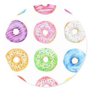 Watercolor donuts pattern classic round sticker