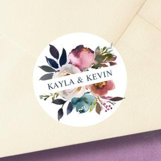Watercolor Dusty Mauve Rose Blue Floral Wedding Classic Round Sticker