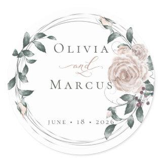 Watercolor Dusty Rose Silver Frame Classic Round Sticker