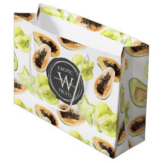Watercolor Edible Exotic Fruits Monogram Pattern Large Gift Bag