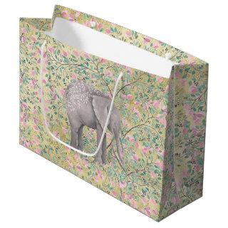 Watercolor Elephant Flowers Gold Glitter Large Gift Bag