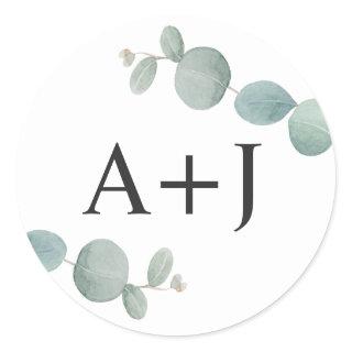 Watercolor Eucalyptus Greenery with Initials Classic Round Sticker