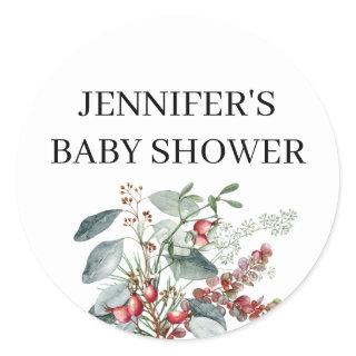 Watercolor evergreen baby shower classic round sticker