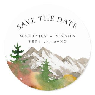 Watercolor Fall Mountain Save the Date  Classic Round Sticker