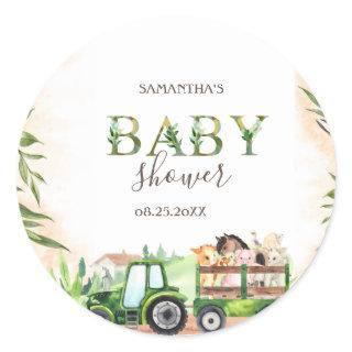 Watercolor Farm Animals Tractor Baby Shower Classic Round Sticker