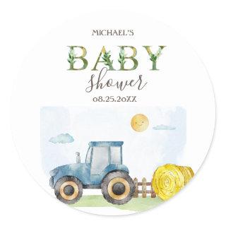 Watercolor Farm Tractor Hay Baby Shower Classic Round Sticker