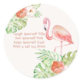 Watercolor Flamingo and Funny Quote Tropical Classic Round Sticker