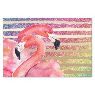 Watercolor Flamingos Glitter Gold Stripes Tissue Paper