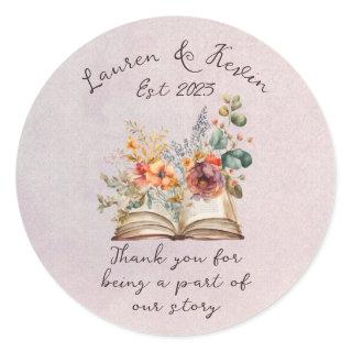Watercolor Floral Love Story Book Wedding Classic Round Sticker