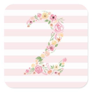 Watercolor Floral Two 2nd Birthday Square Sticker