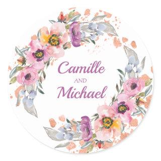 Watercolor Floral with Rose Gold Classic Round Sticker