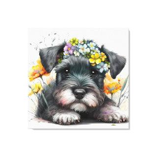 Watercolor Flowers and Schnauzer Puppy  Canvas Print