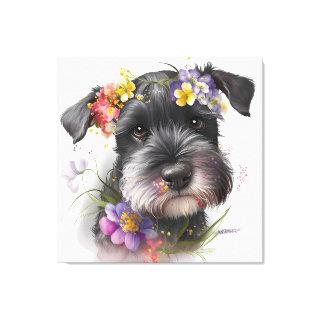 Watercolor Flowers and Schnauzer Puppy  Canvas Print