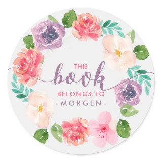 Watercolor Flowers Wreath -Book Elegant Typography Classic Round Sticker