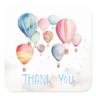 Watercolor flying hot air balloons blue thank you square sticker