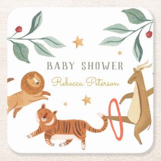 Watercolor forest cute animal Baby shower Square Paper Coaster