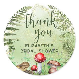 Watercolor Forest Mushrooms Ferns Script Thank You Classic Round Sticker