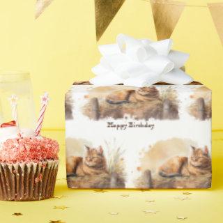 Watercolor Ginger Cat Birthday