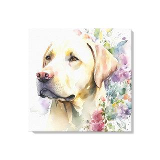 Watercolor Golden Labrador Retriever and Flowers Canvas Print