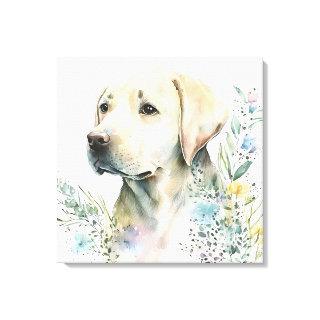Watercolor Golden Labrador Retriever and Flowers Canvas Print