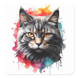 Watercolor Gray Tabby Cat Splatter Art Portrait  Square Sticker