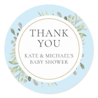 Watercolor Greenery Blue Baby Boy Shower Thank You Classic Round Sticker