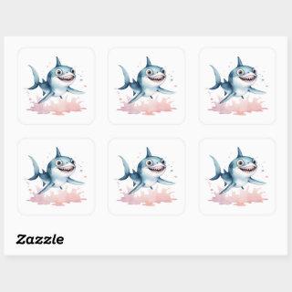 Watercolor Hand Drawn Cute Playful Baby Shark Square Sticker