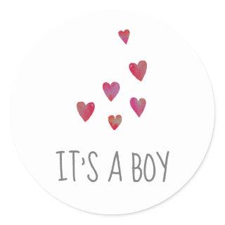 Watercolor Hearts | Red It's A Boy Baby Shower Classic Round Sticker
