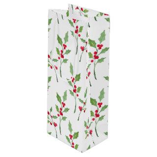 Watercolor Holly Sprigs Pattern Wine Gift Bag