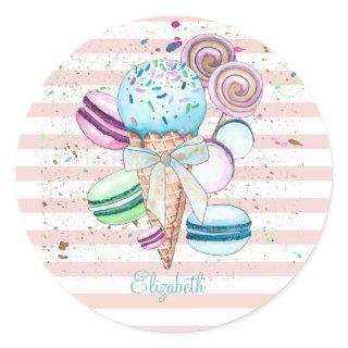 Watercolor Ice cream,Macaroons,Pink Stripes  Classic Round Sticker