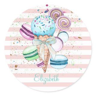 Watercolor Ice cream,Macaroons,Pink Stripes Classic Round Sticker