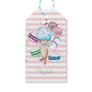 Watercolor Ice cream,Macaroons,Pink Stripes   Gift Tags