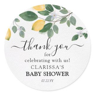 Watercolor Lemon & Greenery Baby Shower Thank You Classic Round Sticker