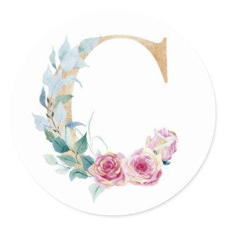 Watercolor letter C with roses  Classic Round Sticker