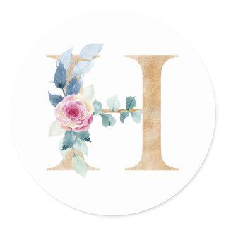 Watercolor letter H with roses Classic Round Sticker