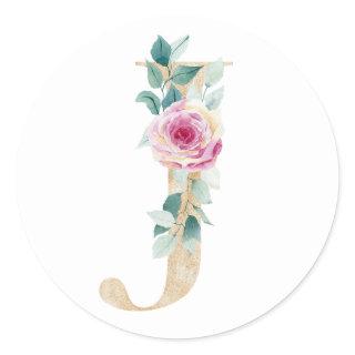 Watercolor letter J with roses Classic Round Sticker