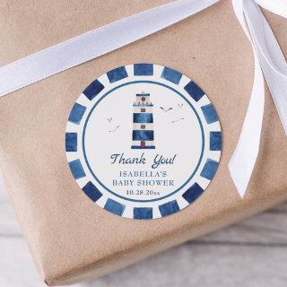 Watercolor Lighthouse Nautical Baby Shower  Classic Round Sticker